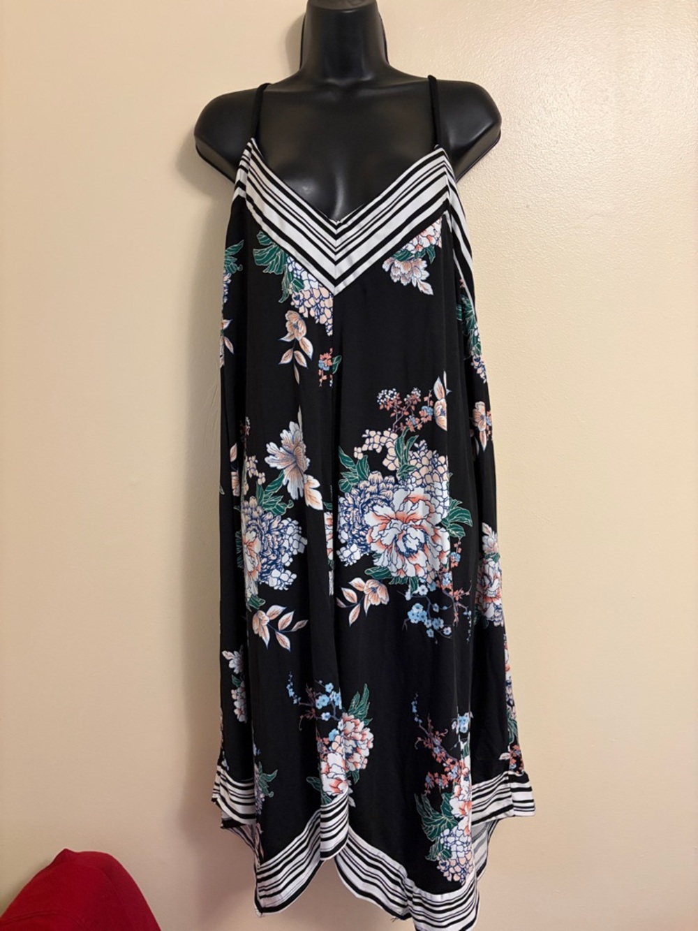Maurice’s Plus size Black Floral Strappy Swing Dress with Striped Trim